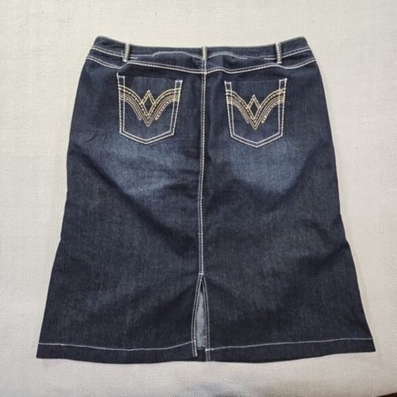 Caccini Denim Bling Skirt 24W Contrast Thread Embroidery 4 Pockets EUC W42 L30 - Picture 2 of 15